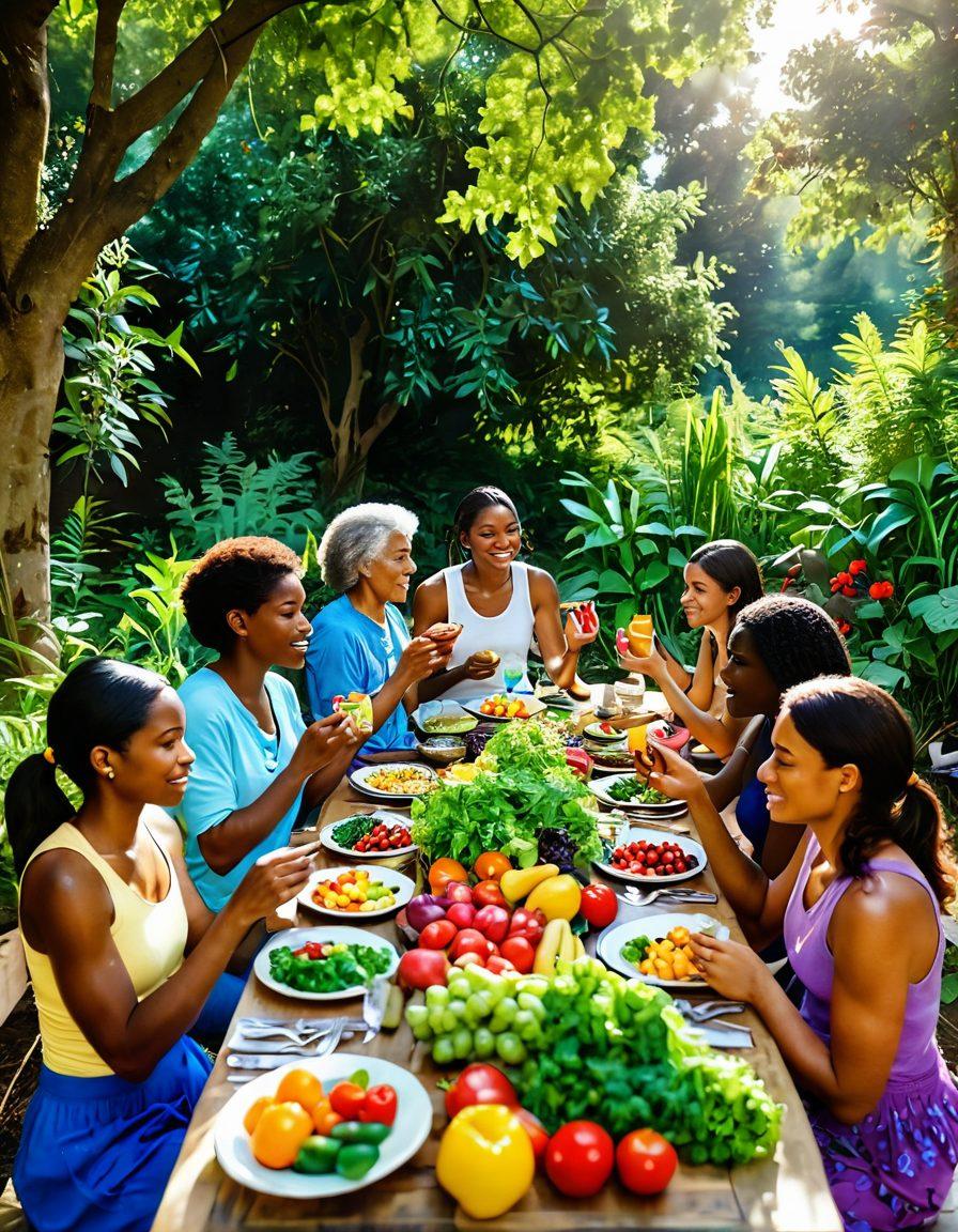 A serene scene depicting a diverse group of survivors enjoying a colorful, nutritious meal together outdoors, surrounded by lush greenery. Plates filled with vibrant fruits and vegetables symbolize nourishment, while a backdrop of sunlight filtering through trees represents hope and healing. Include elements like water bottles and a journal to suggest mindfulness and well-being. super-realistic. vibrant colors. natural setting.