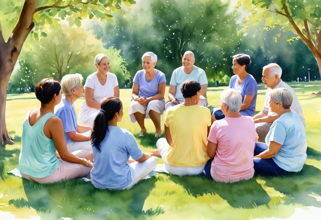 A diverse group of cancer survivors sitting in a circle in a sunlit park, engaging in an uplifting discussion. Include elements of nature such as blooming flowers and butterflies symbolizing hope and resilience. Show a variety of emotions on their faces, conveying support and camaraderie. Incorporate soft pastel colors to evoke warmth and empathy. watercolor painting. soft focus.