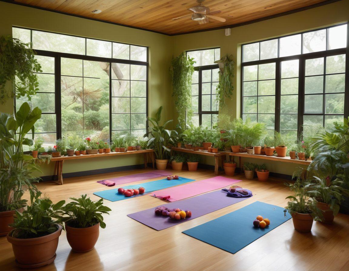 A serene healing space filled with lush plants and natural light, showcasing a diverse group of individuals engaging in holistic activities such as yoga, meditation, and cooking nutritious meals together. Incorporate symbols of resilience like butterflies and blooming flowers, intertwined with health and wellness elements like fresh fruits and supportive gestures. Overall, convey a sense of community, hope, and empowerment. vibrant colors. super-realistic.